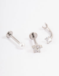 Surgical Steel Cubic Zirconia Pearl & Flower Earrings Pack - link has visual effect only