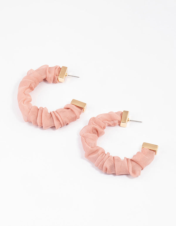 Gold & Pink Scrunched Fabric Hoop Earrings