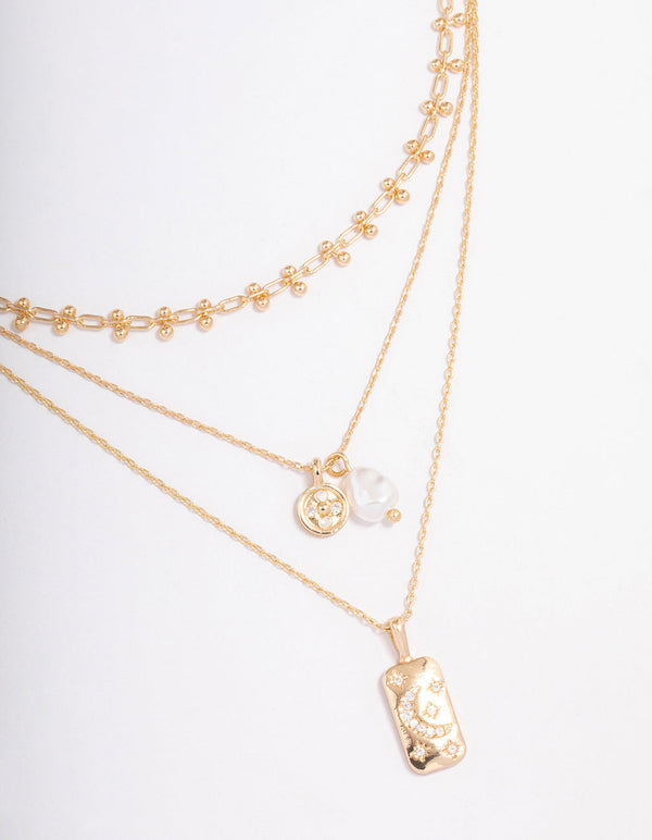 Gold Triple Layered Pearl Pendant Necklace