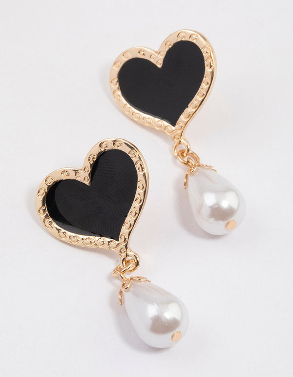 Gold Enamel Heart & Pearl Drop Earrings