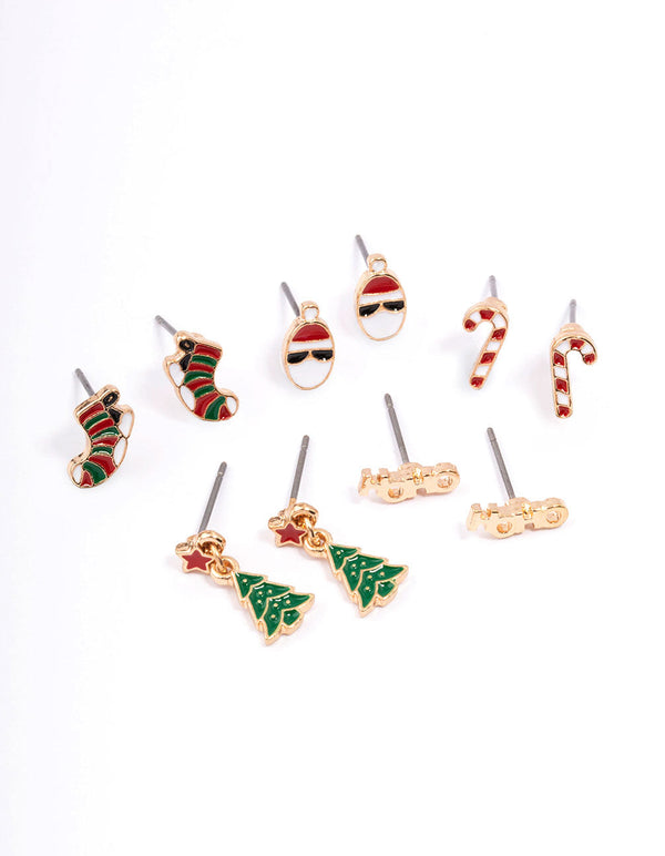 Gold HoHo & Santa Christmas Stud Earrings 5-Pack