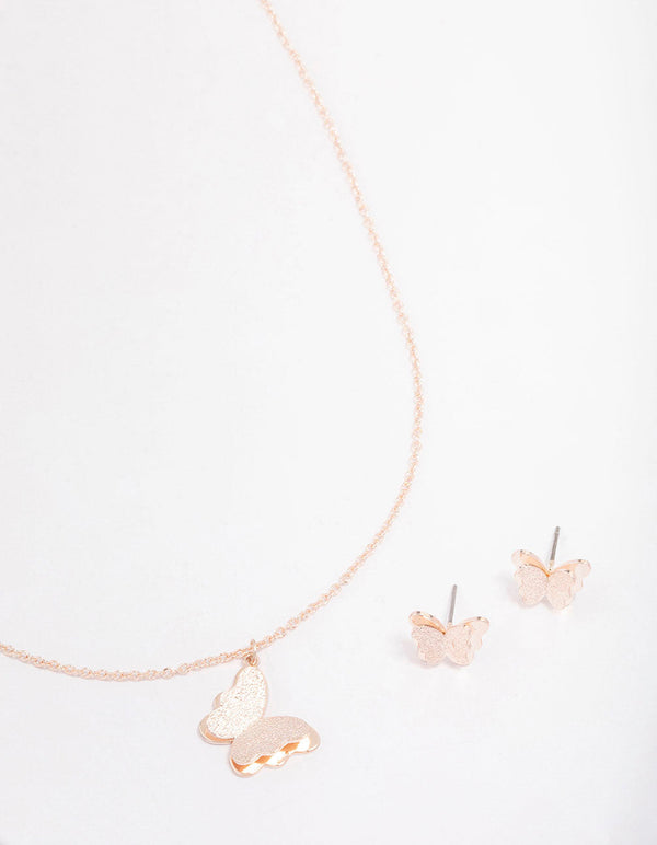 Rose Gold Sandblast Butterfly Jewellery Set